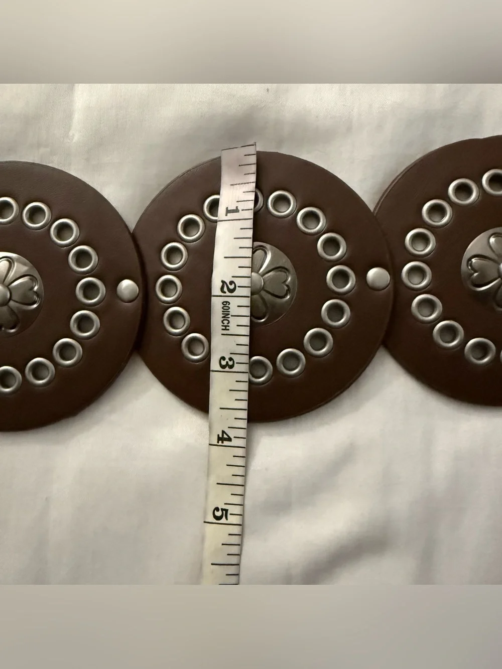 Brown PU leather concho belt with old silver tone buckle